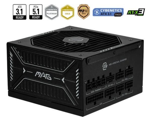 MSI MAG A1000GLS PCIE5 Fully Modular Compact Gaming 1000W Power Supply, 80 Plus Gold Up To 90% Efficiency, ATX 3.1 and PCIe 5.1 Ready, Native Dual-Color 12V-2x6 Cables, Low-Noise