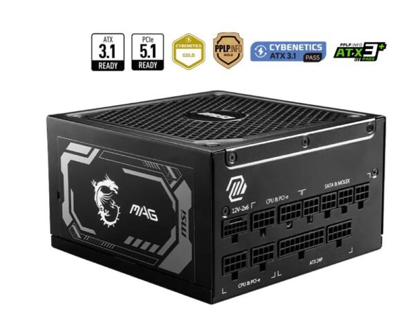 MSI MAG A1250GL PCIE5 Fully Modular Compact Gaming Power Supply, 1250W, 80 Plus Gold, ATX 3.1 and PCIe 5.1 Ready, Native Dual-Color 12V-2x6 Cable