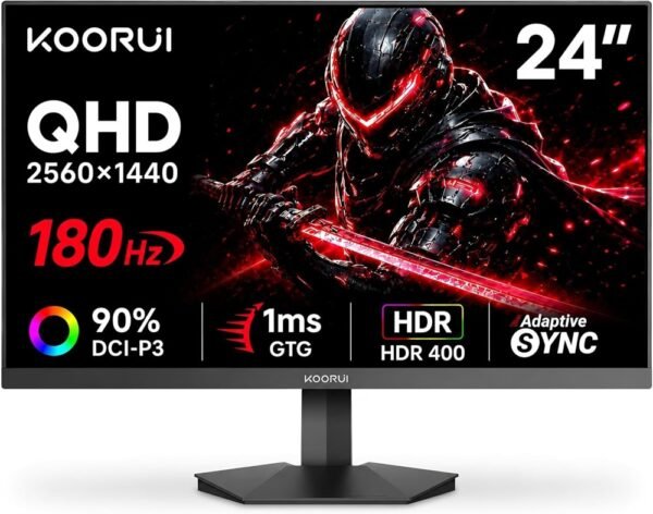 KOORUI G2421V 24" Gaming Monitor, QHD 2560x1440 180Hz, Fast IPS 1ms, HDR400, 90% DCI-P3, Adaptive Sync, HDMI 2.0 and DP 1.4