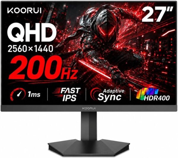 KOORUI G2721P Gaming Monitor, 27" QHD 2560x1440 IPS 200Hz, 1ms Response Time, HDR400, 90% DCI-P3, 2x HDMI 2.0 and DP 1.4