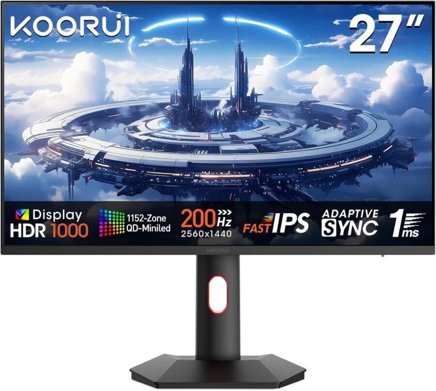 KOORUI S2721PM Gaming Monitor, 27" QHD 2560*1440 IPS Mini LED 200Hz 1ms, HDR 1000, 100% SRGB, 1.07 Billion Colors, 2x HDMI 2.0 and DP 1.4