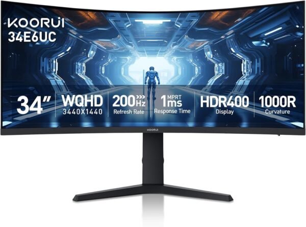 KOORUI 34E6UC Gaming Monitor 34" WQHD 165Hz 1ms Curved 1000R VA, HDR 400, 100% SRGB, 90% DCI-P3