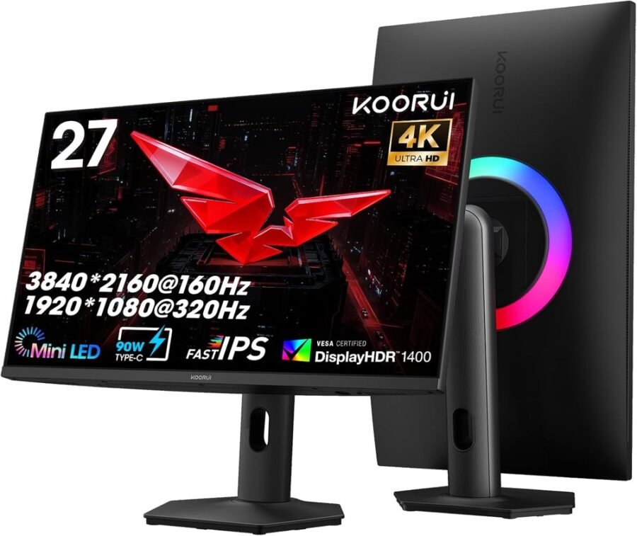 KOORUI S2741LM 27" Gaming Monitor, 4K 160Hz Or FHD 320Hz, 1ms IPS QD Mini LED, HDR 1400nits, HDMI2.1x2 DP1.4 90W USB-C