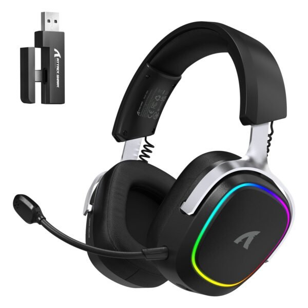 ATTACK SHARK G800 Wireless RGB Gaming Headset, 7.1 Surround Sound, 50mm Drivers, 2.4GHz Bluetooth Wired, Black