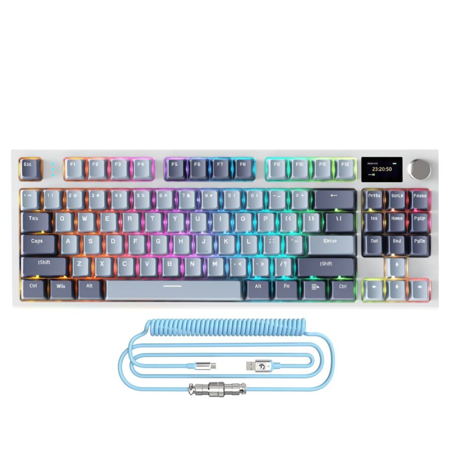 ATTACK SHARK K86 RGB Wireless Mechanical Keyboard, Hot-Swappable, Gasket Mount, RGB Backlit, 2.4GHz/BT/Wired, TFT Color Display & CNC Knob, Business Gray, Blue Whale Switch