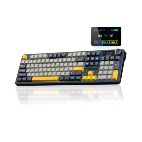 AULA F108 Pro Wireless Mechanical Keyboard, Smart TFT Display Screen and Multi-Function Knob, Tri-Mode BT5.0 2.4GHz USB-C, 1000Hz Polling Rate, Hot Swappable, 8000mAh Battery, 104 Keys, RGB Backlit, PBT Keycaps, Reaper Switch, Gray and Yellow